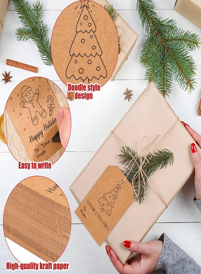 Fairooth 120 Pcs Christmas Gift Tags with String 3" x 2" Christmas Kraft Paper Name Tags Doodle Xmas Brown Kraft Paper Gift Labels for Xmas Holiday Presents DIY Gifts Wrapping Decorations - Image 3